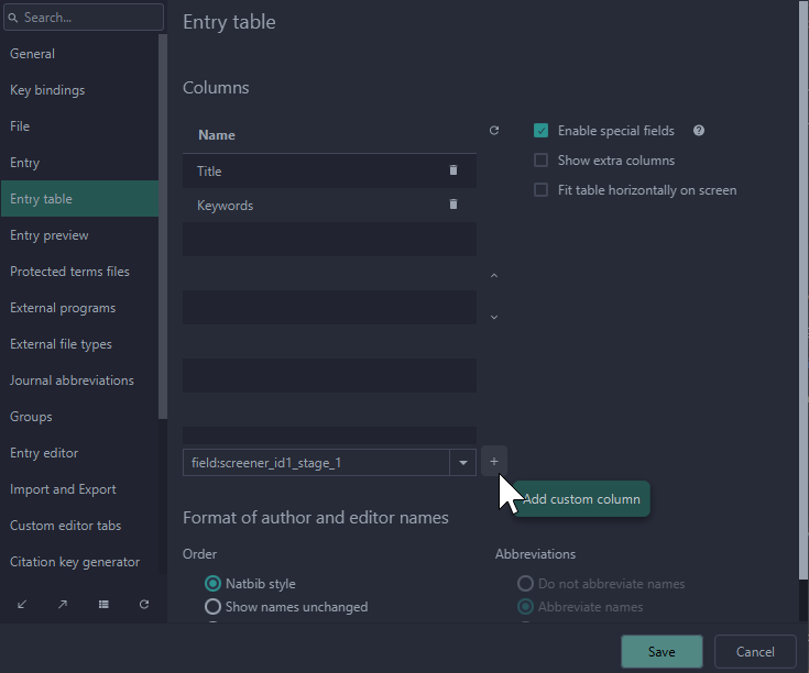 A screenshot of the JabRef preferences showing the 'Entry table' section.